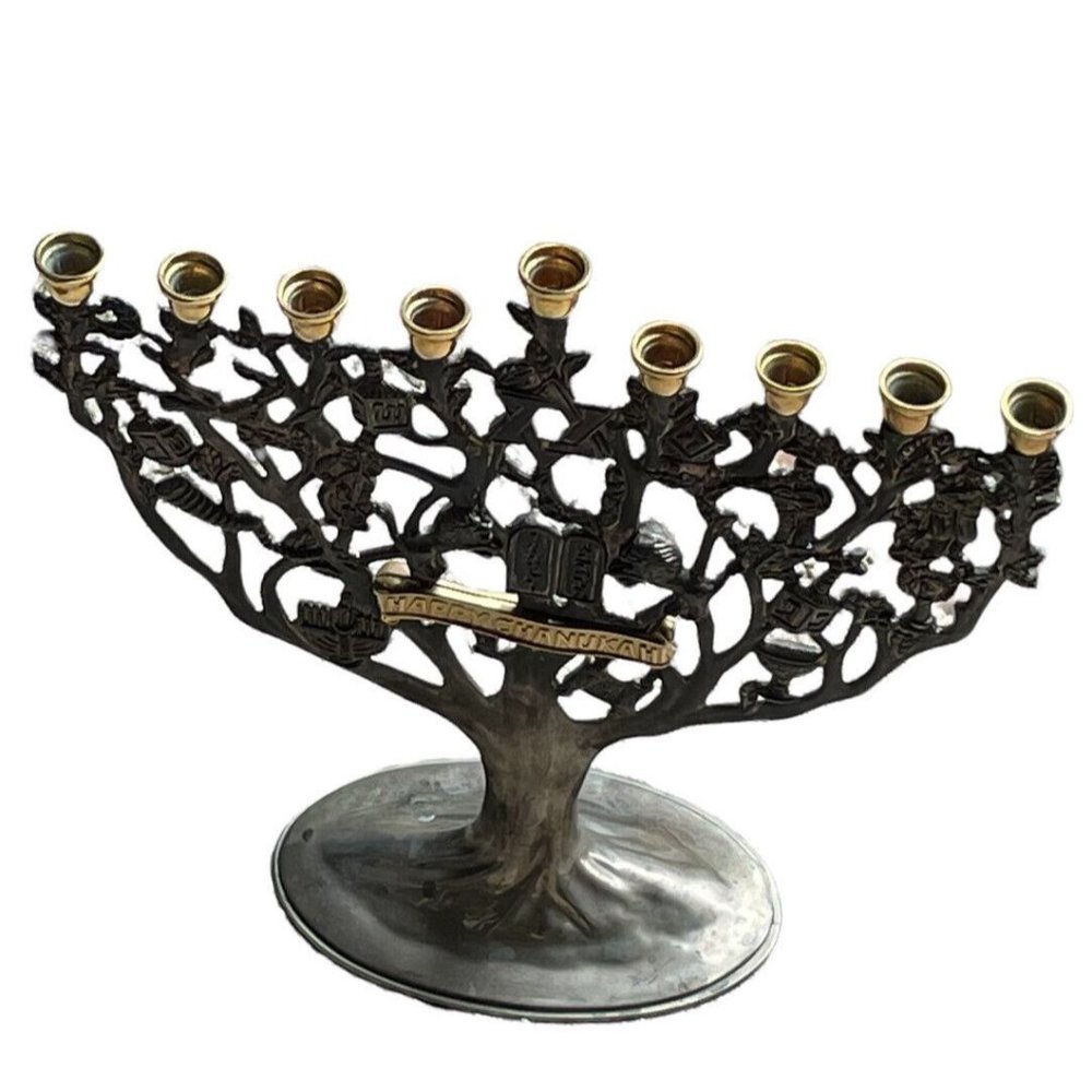 Vintage Godinger Silver Plate Tree of Life Menorah Happy Channukah Gold Tone